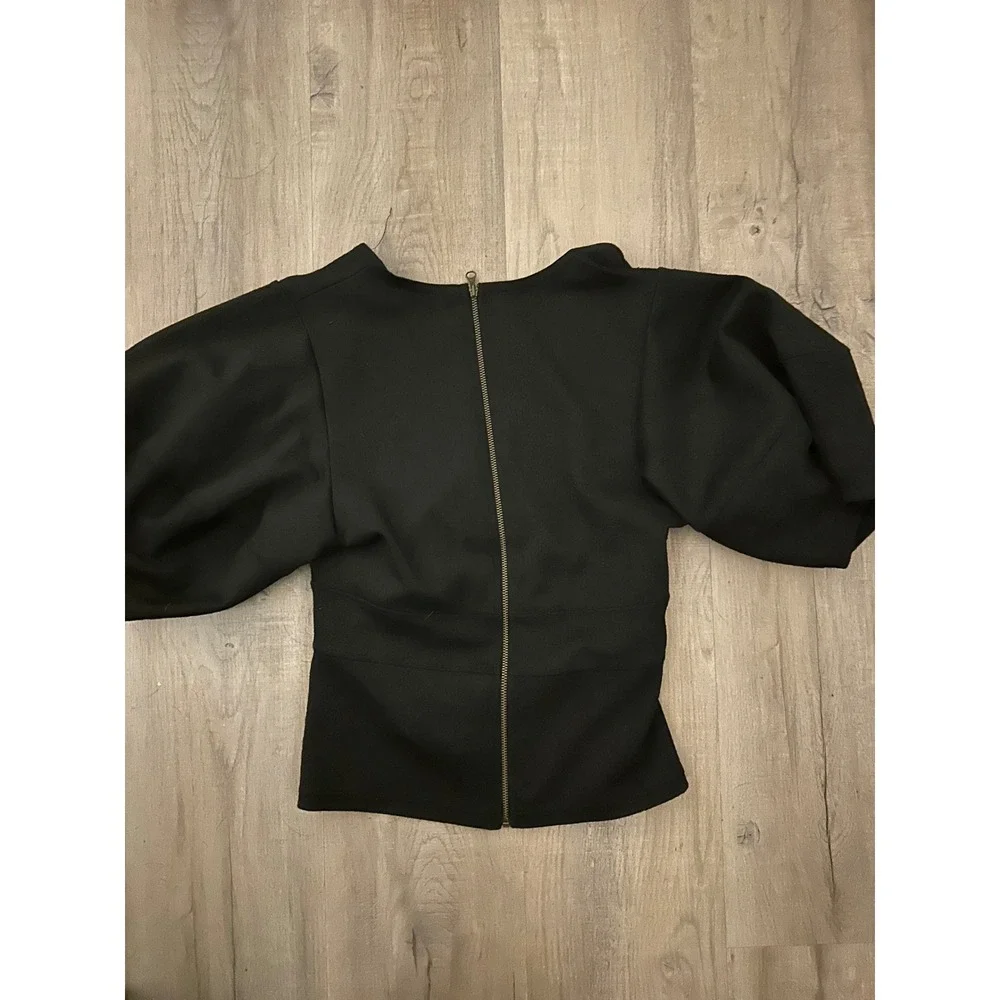 Free People Black Puff Sleeve‎ Peplum Top V-Neck Zip Back Blouse Small
